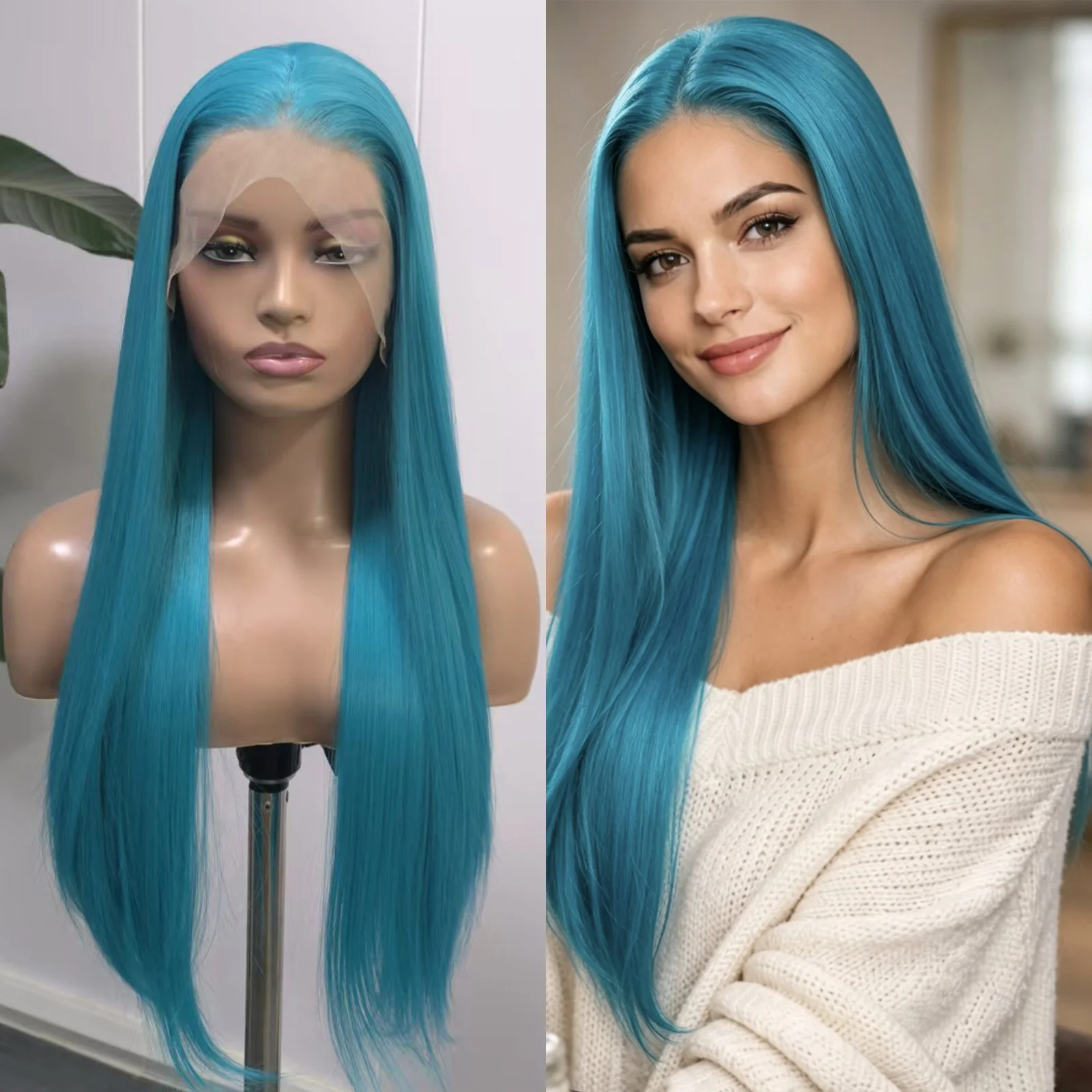 Virbrant Aqua Blue Synthetic Wig 13x4 Blue Lace Front Wig Pre Plucked Natural Hairline Turquoise Blue Wig for Women