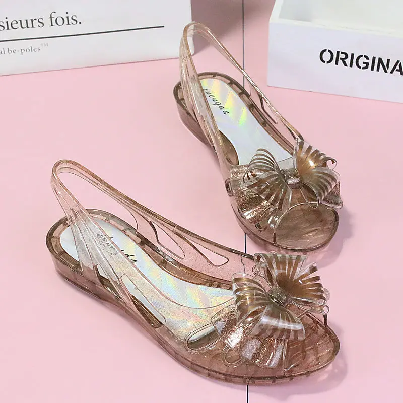 Footwear with Medium Heels Summer 2024 Bow Sandals for Women Beach Ladies Shoes Jelly Plastic Pvc Trend Anti Slip Hot Shoe Korea