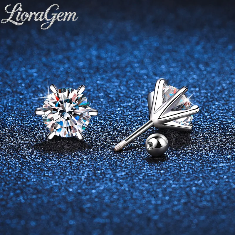 LioraGem Classic Six-claw Stud Earrings for Women, Ear Plug / Threaded  Style Moissanite Earrings Platinum PT950 Stamp