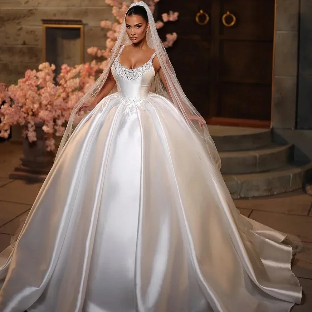 

Customized Luxury White Ballgown Draped Satin WeddingDresses Sparkly Crystal Sleeveless Backless Floor Length Wedding Bride Gown