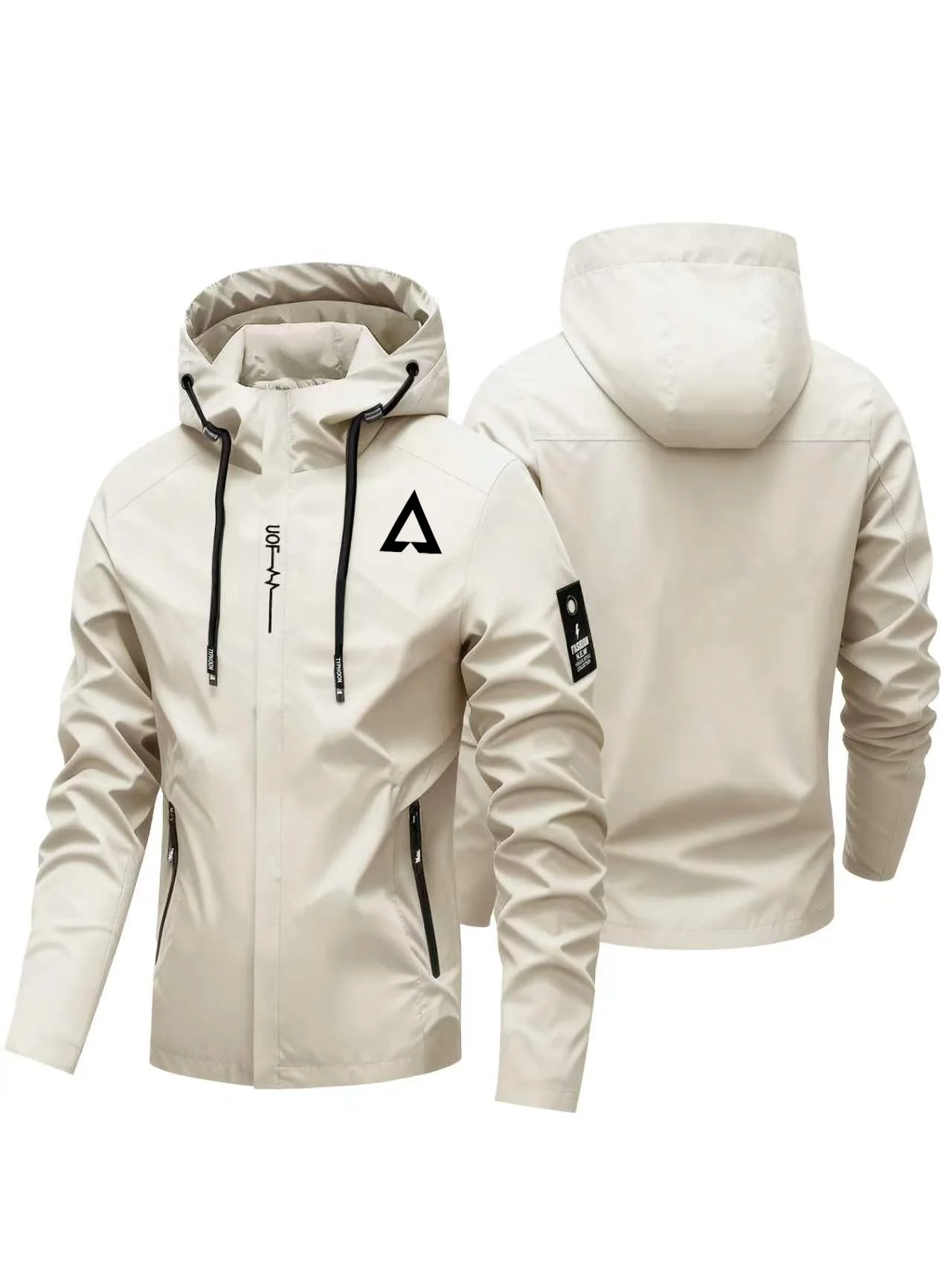 2026 NEW Men Triangle Logo Print Hooded Jacket Outdoor Windbreaker Male Zip Up Windproof Coat Casual Streetwear Outerwear