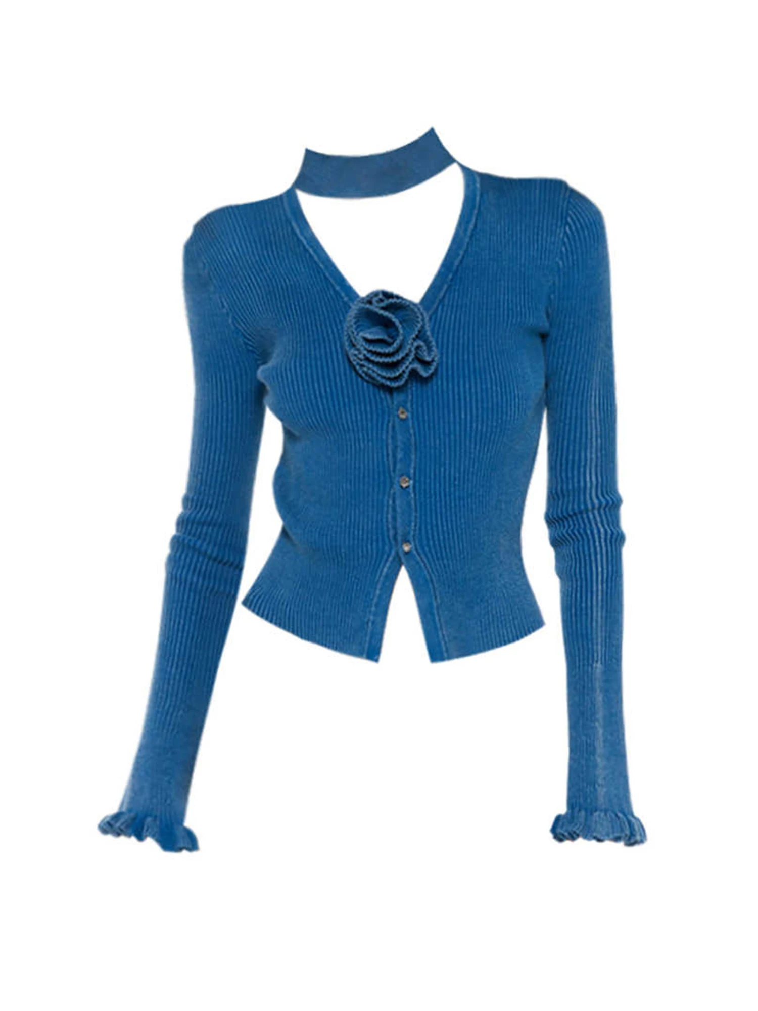 

Women's Blue V-Neck Knitwear Cardigan Sweater Harajuku Vintage 2000s Korean Style Long Sleeve Soft Cozy Cashmere Sweater Autumn
