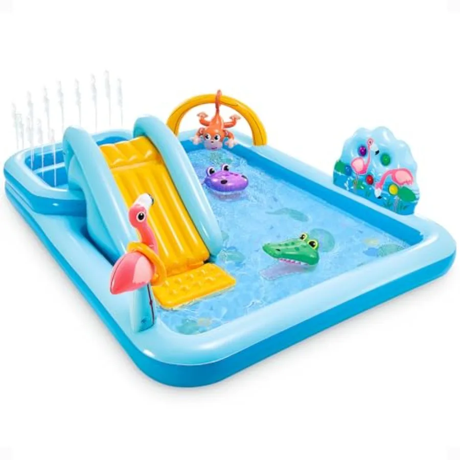 مركز ألعاب قابل للنفخ بتصميم الغابة الاستوائية مقاس 96 × 78 × 28 بوصة مع مسبح للأطفال وانزلاق مائي للاستخدام الخارجي