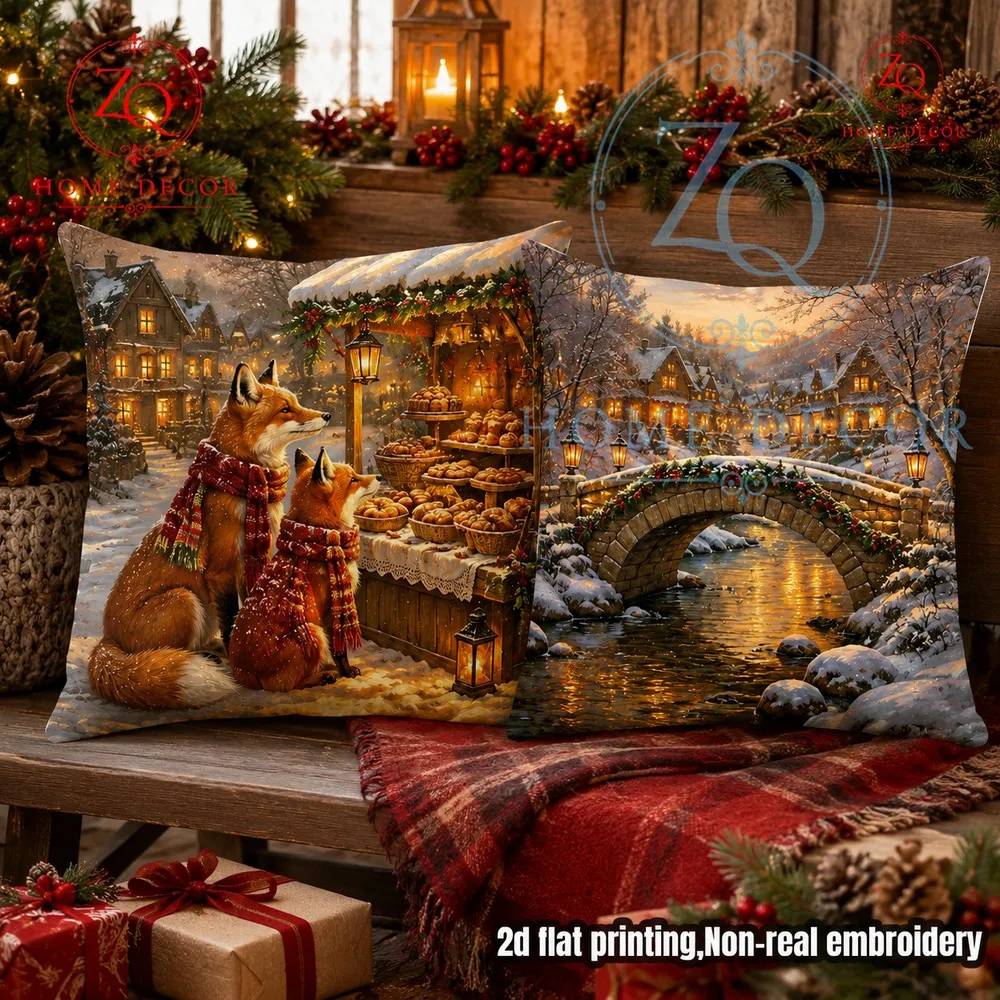 Retro snow scene stone bridge wer town cushion cover with warm yellow light  shadow crees a tranquil Christmas countryside