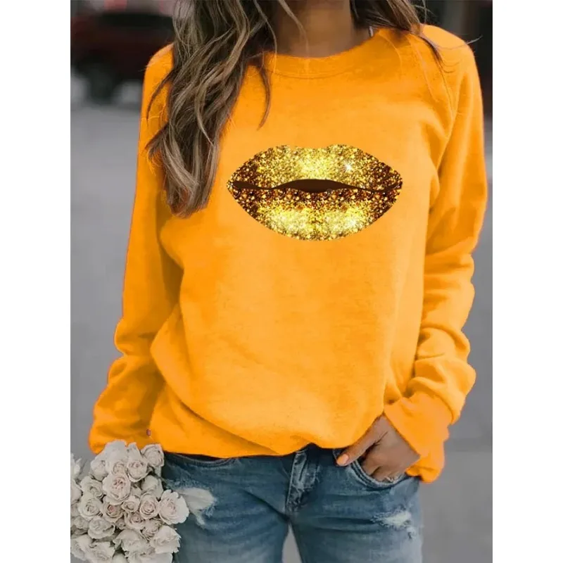 New Gold Lip Pattern Printed Women\'s Fleece Long-sleeved Loose Neck Sports Casual Round Neck Hoodie Sweatshirt Clothes