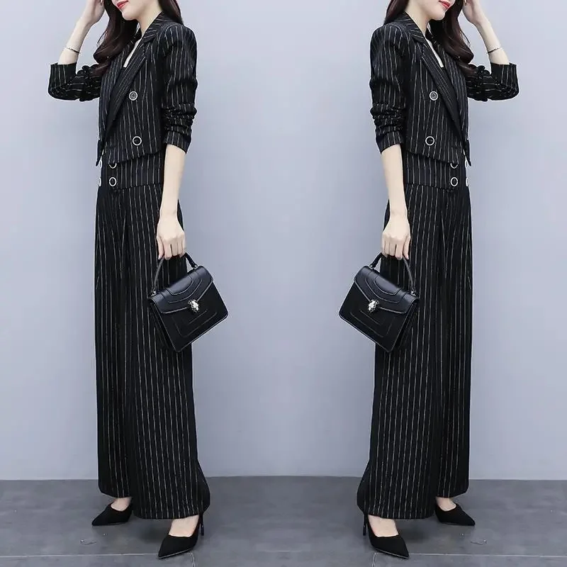 Royal Sister Autumn Fashion Westernized Celebrity Style Korean Fashion Set Striped Short Coat Wide Leg Pants Two Piece Set Women