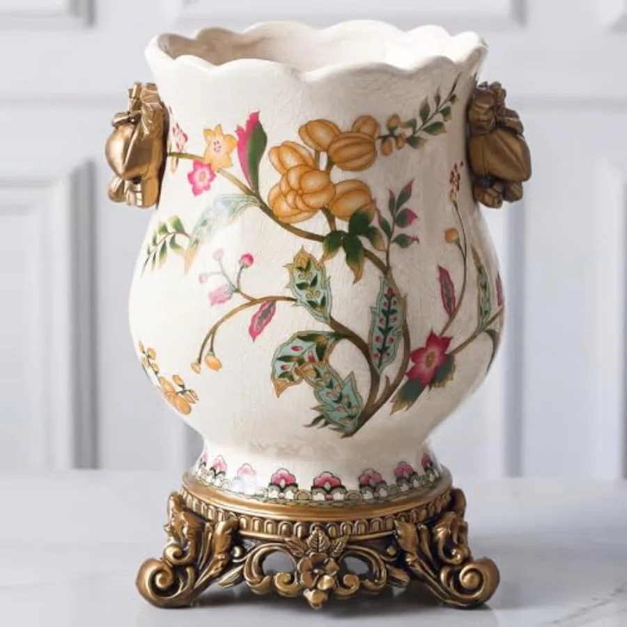 

Vintage Ceramic Vase with Gold Pedestal, Chinoiserie Abundant s Urn for Home Decor, 8.3" Antique French Country Centerpiece for