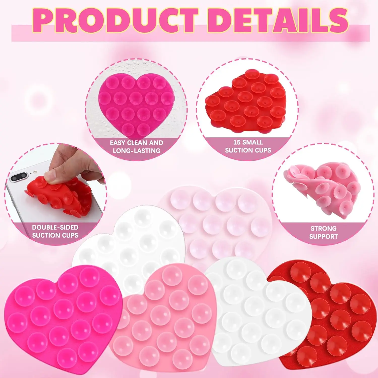 심장 모양 양면 전화 흡입 홀더, 다목적 실리콘 흡입 컵 전화 마운트 전화 케이스 끈적 전화 그립
