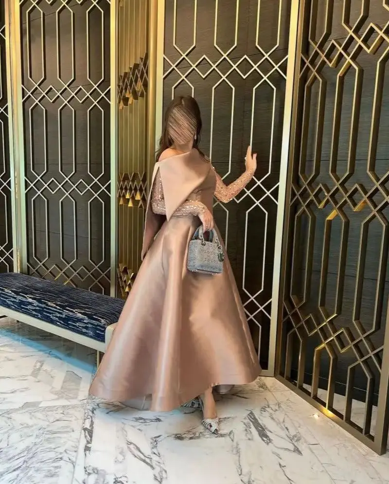 فساتين سهرة فاخرة من الساتان الشامبانيا بكتف واحد من Jirocum قابلة للفصل ومطرزة بأكمام شفافة متوهجة فساتين حفلات ميدي للحفلات الراقصة #1