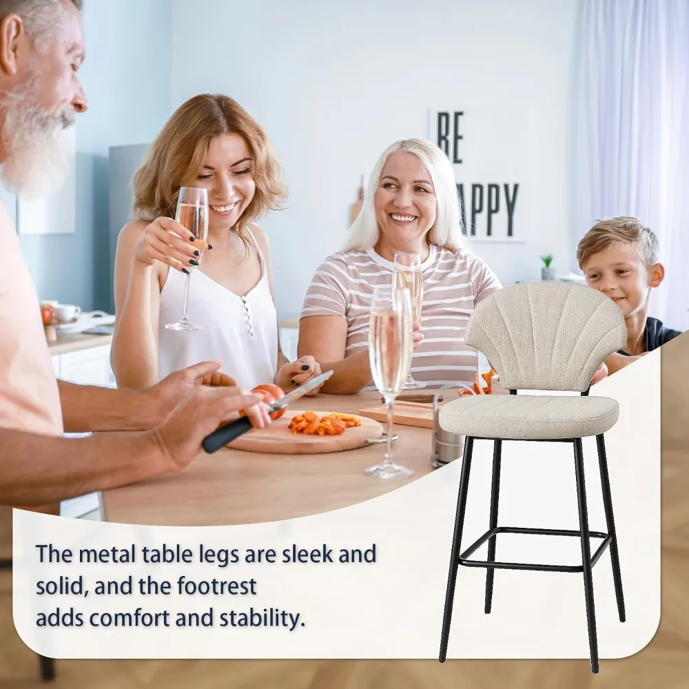 Bar Stools Set of 4, Counter Height BarStools with Shell-Shaped Backrest, Island Chairs with Metal Legs and Footrest, Modern Bar