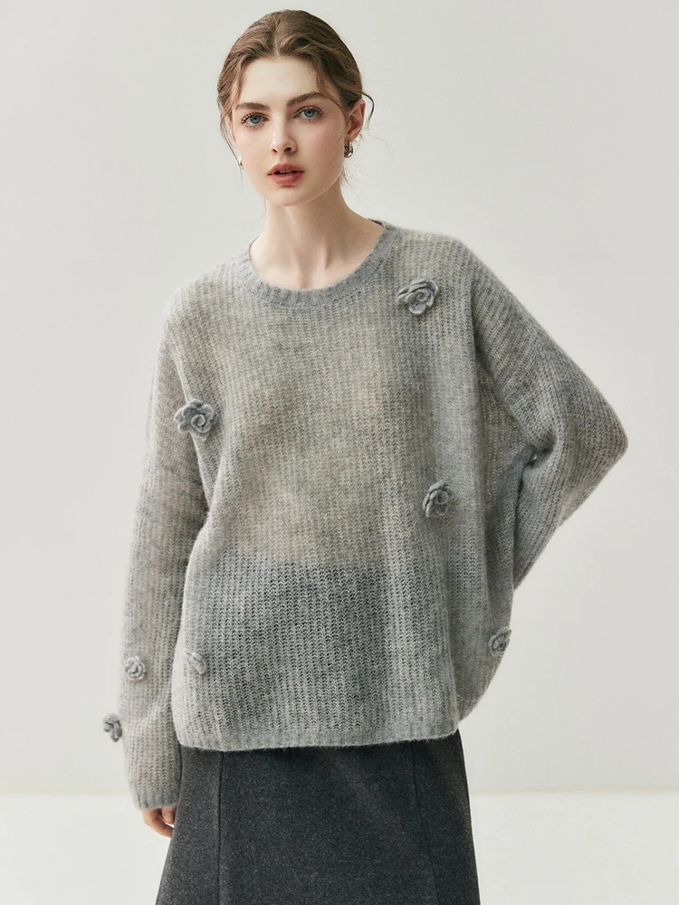 

MEETCC Women 100% Cashmere O Neck Pullover Sweater Loose Spring Autumn Exquisite 3D Flowers Details Comfortable Warm Daily Wear