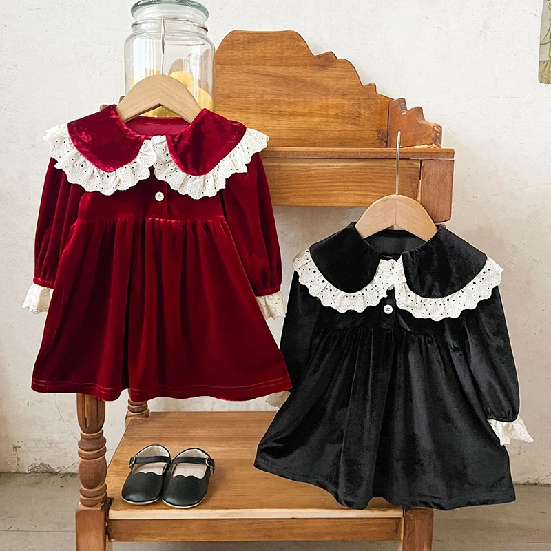 

2025 New Autumn Children Clothes 0-3Yrs Baby Girl Party Dress Long Sleeves Lace Splicing Christmas Style Kids Princess Dresses