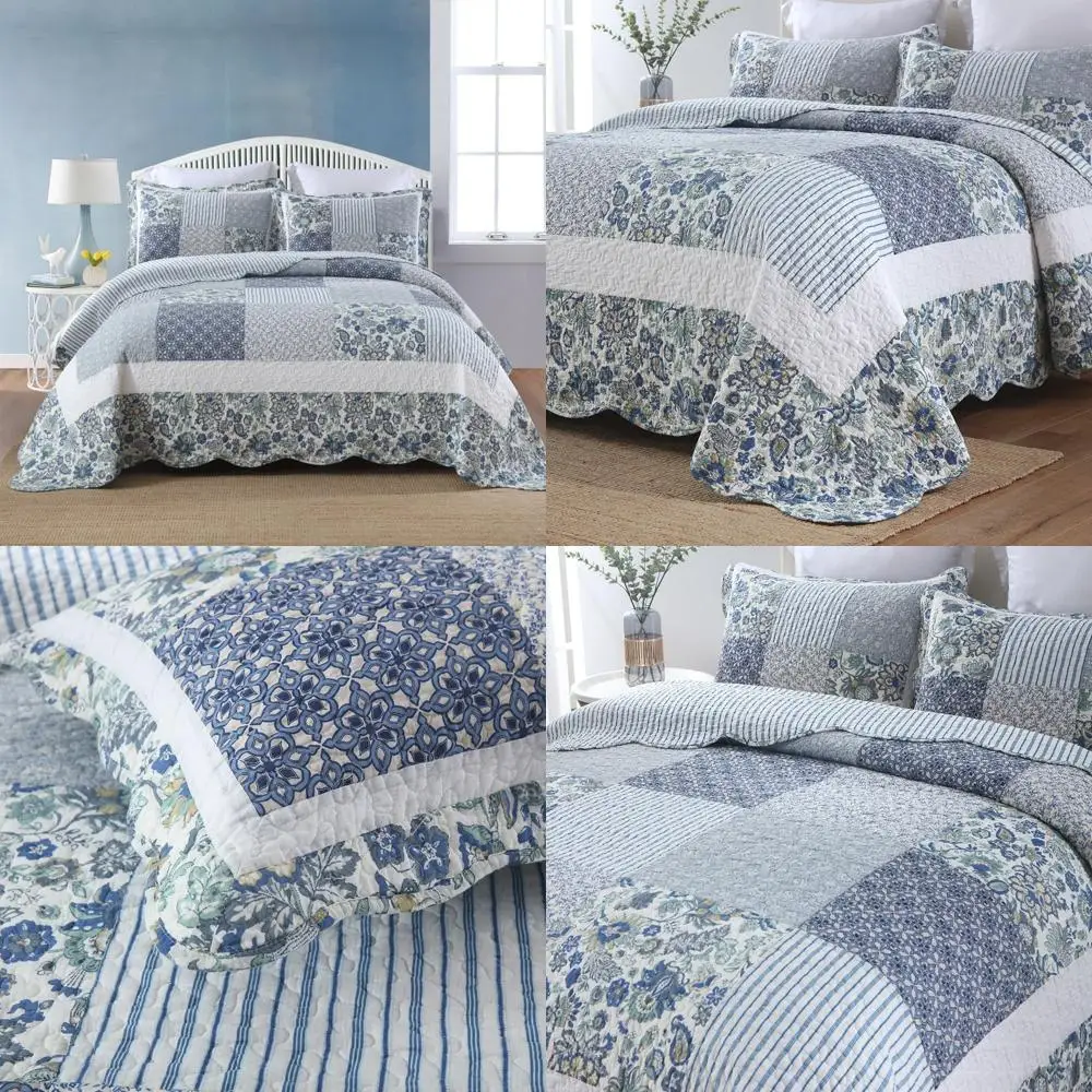 

Винтажный двусторонний синий хлопковый комплект постельного белья с цветочным принтом и лоскутным одеялом