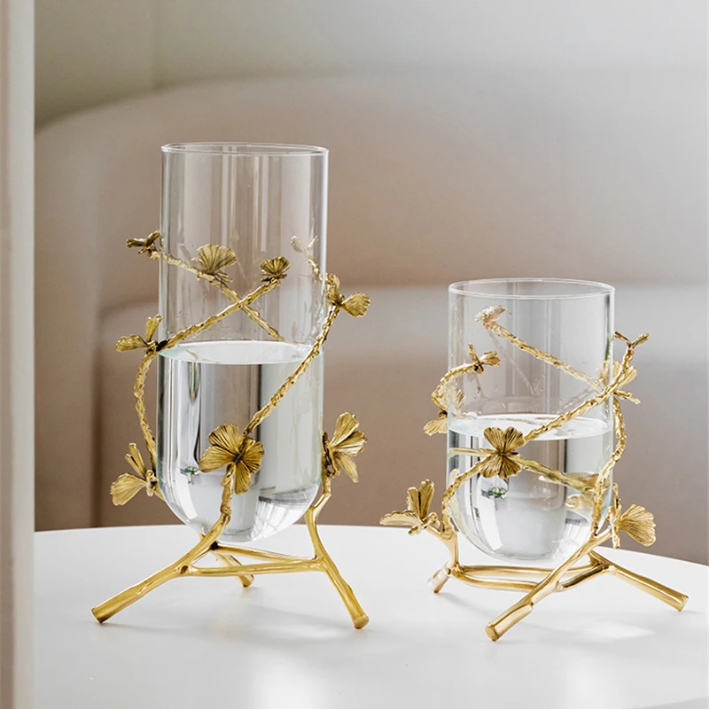 

Brass Glass Vase Flower-arranging Hydroponic Plant Container Ornaments Home Decoration Exquisite Copper Ginkgo Leaf Crystal Vase