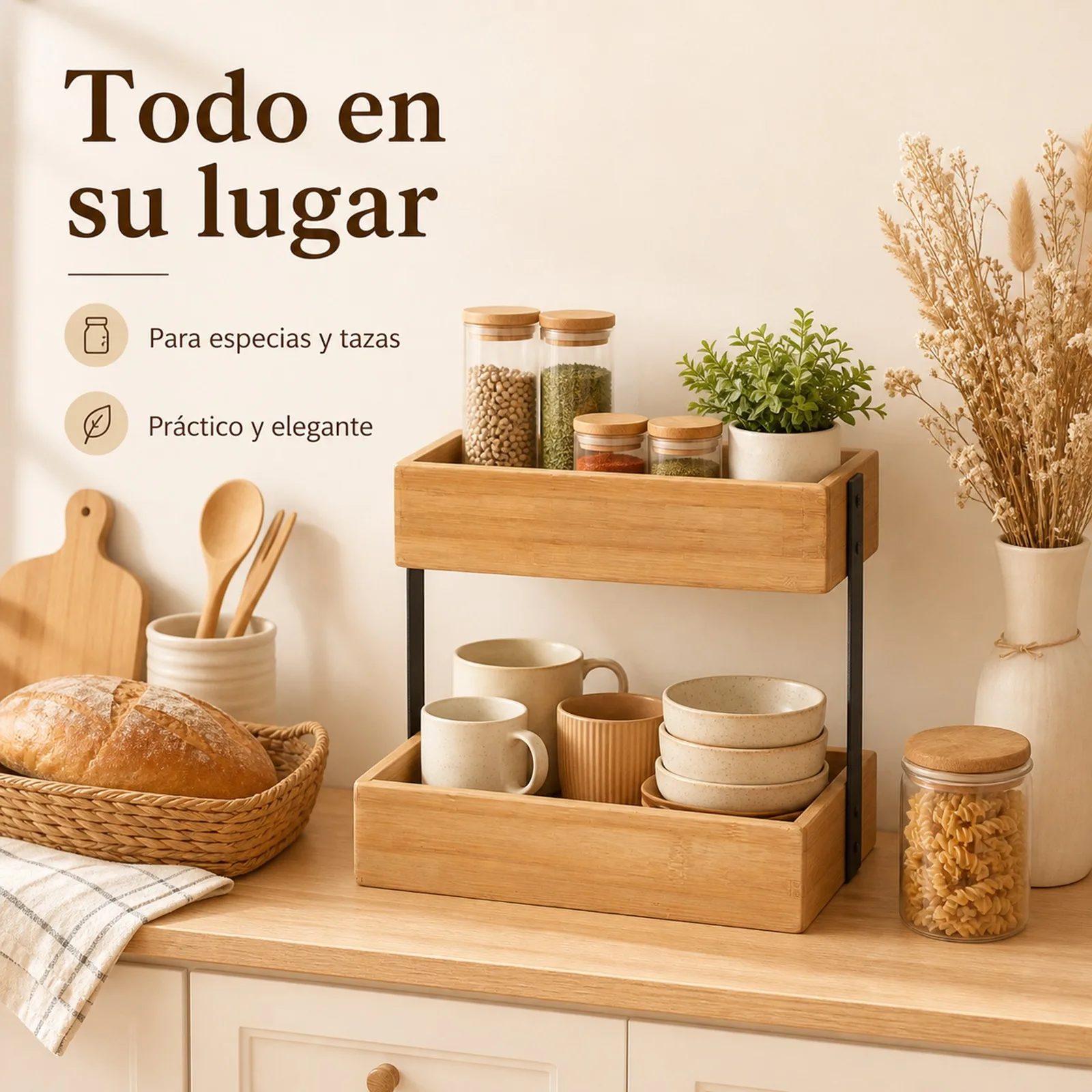 Étagère de rangement pour salle de bain et cuisine en bambou naturel et fer noir, étagère de rangement multifonctionnelle à 1 ou 2 niveaux pour comptoirs, design moderne et durable, 26,5x16x5cm