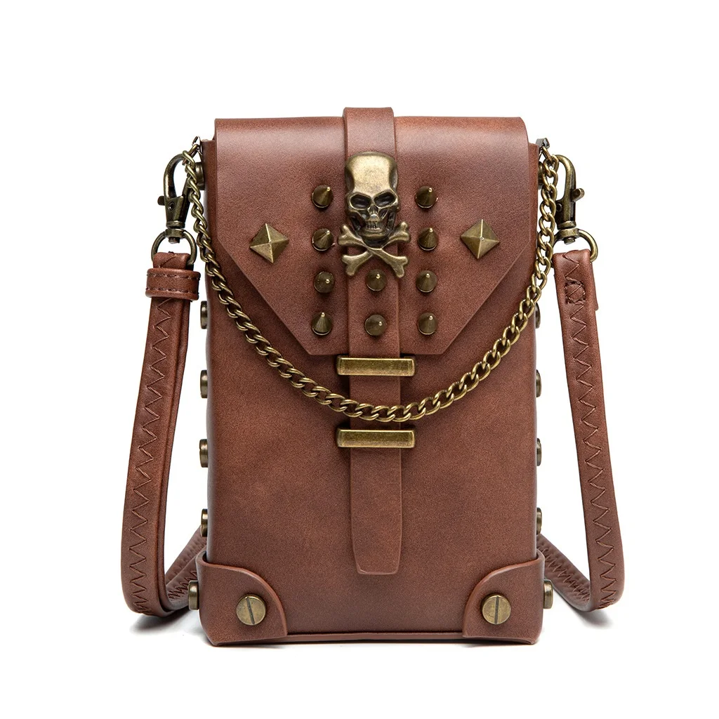 

New Skull Shoulder Bags women's bag rivet Cell Phone bag vintage gothic style vertical phone bag women's messenger bag C098