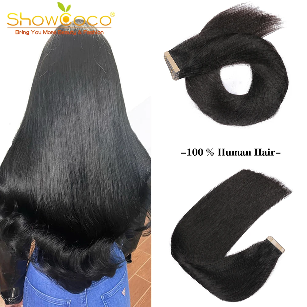 ShowCoco Tape in Human Hair Extensions Real Brazilian Hair 20pcs/40pcs Remy Straight Silk Double Drawn Natural Hair For Women