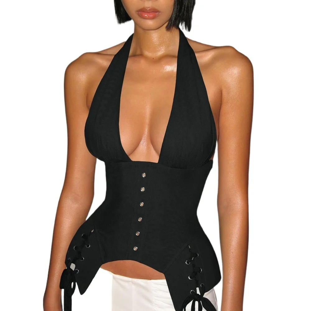 Fajas Colombinas Bielizna Tie waist halter neck deep V neck tank top a sexy figure flattering unique fishbone patterned top