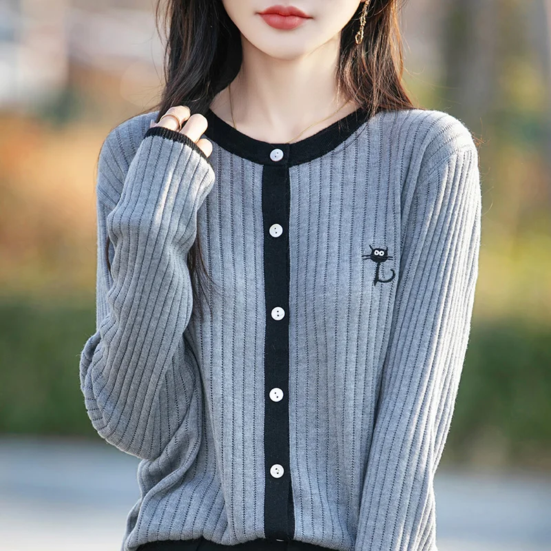 

Весенне-осенний шерстяной кардиган с цветными блоками, женский свободный свитер с круглым вырезом, ажурный, с вышивкой в виде котенка, вязаное пальто