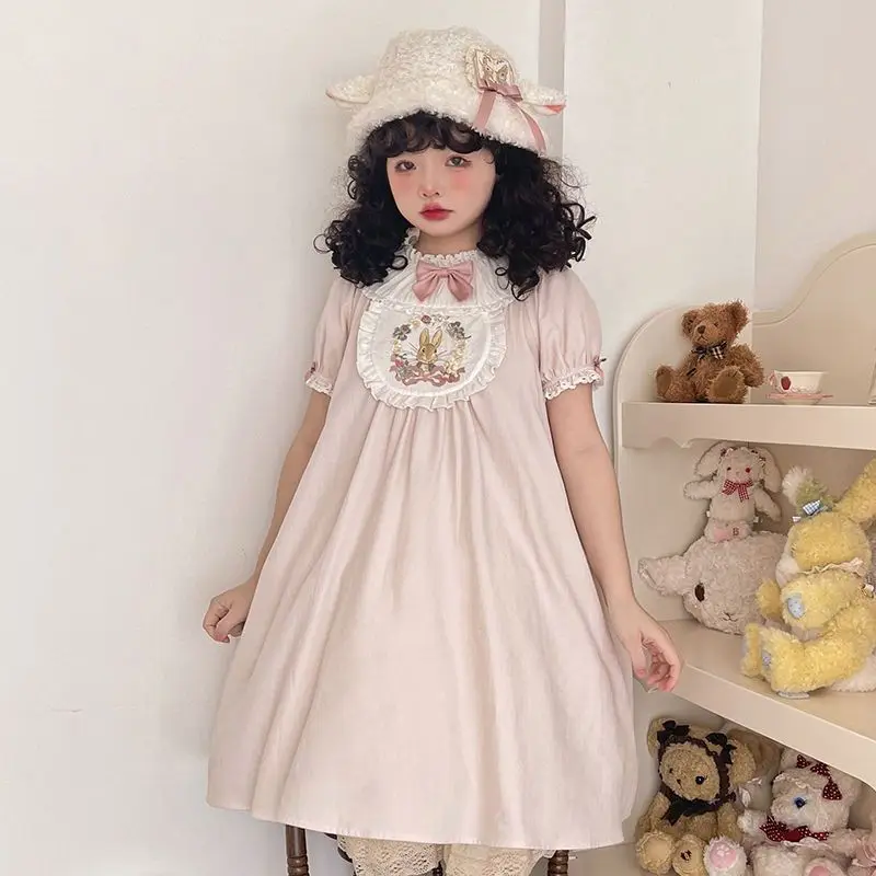 Japanse Kawaii Lolita Prinsessenjurk Meisjes Lieve Schattige Strik Puff Mouw Bunny Borduurwerk Nachthemd Victoriaanse Vintage Mini-Jurk