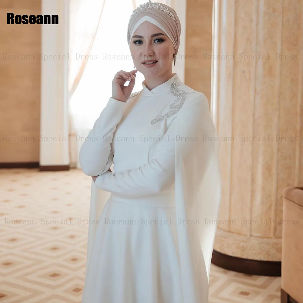 Muslim Exquisite Ivory A-line Wedding Dresses Applique Flowers O-Neck Full Brush Train Floor Length Bride Dress robe de mariée