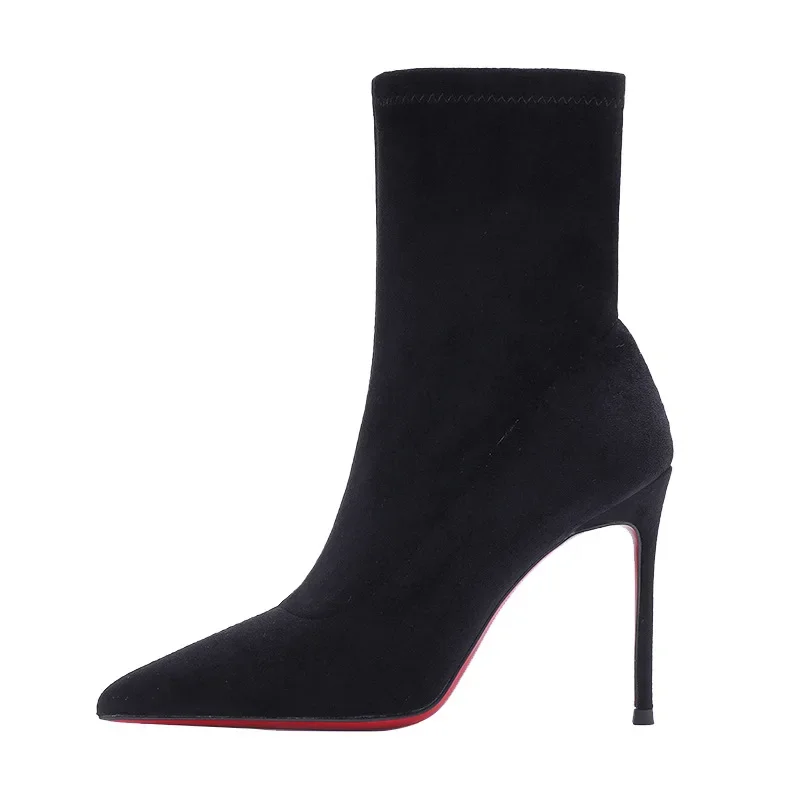 Women's Stretch Stocking Boots Pointed Toe Ankle Boot Stiletto Heels Autumn Winter Nude Red Sole Single Slim Fit Botas Suede New view 5