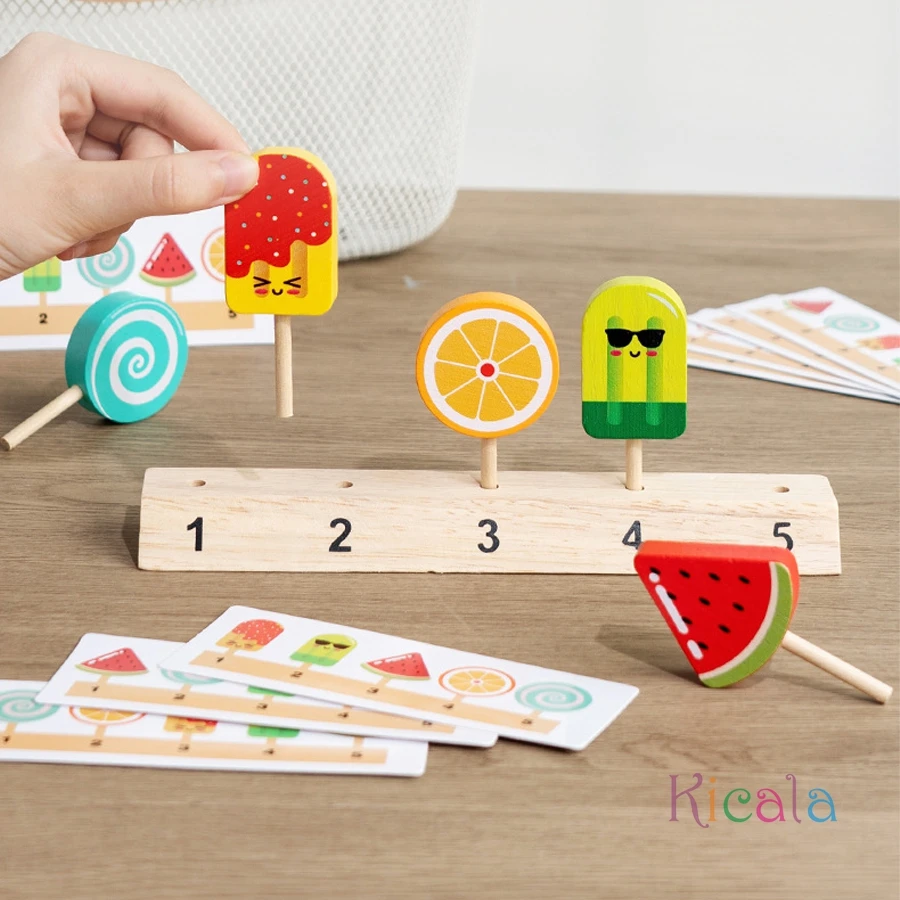 ของเล่นเกมจับคู่รูปทรงและสีสำหรับเด็ก ทำจากไม้ รูปผลไม้ ลูกอม ไอศกรีม เสริมสร้างการคิดเชิงตรรกะ ฝึกการเรียนรู้ ของเล่นอาหารจำลอง