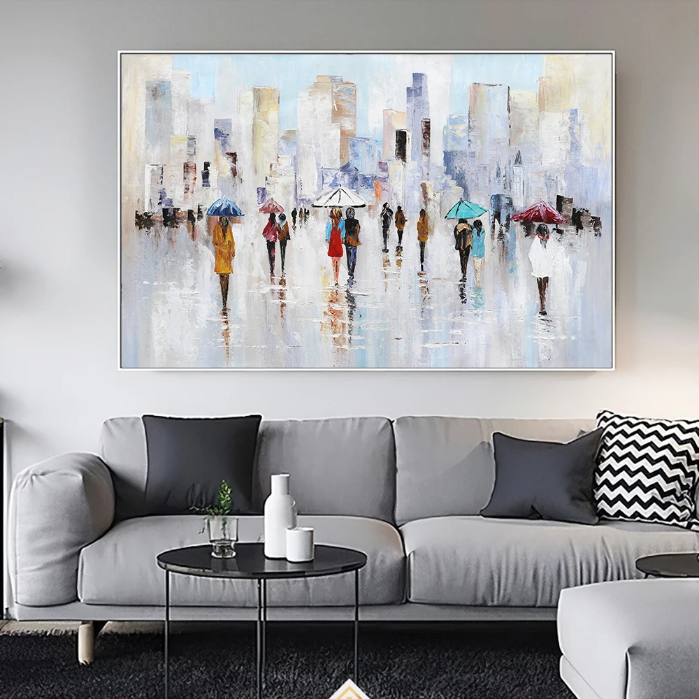 Morden Building Hand Painted Oil Painting On Canvas Popular Abstract Walker with Umbrella Oil Art Painting For Living Room Decor