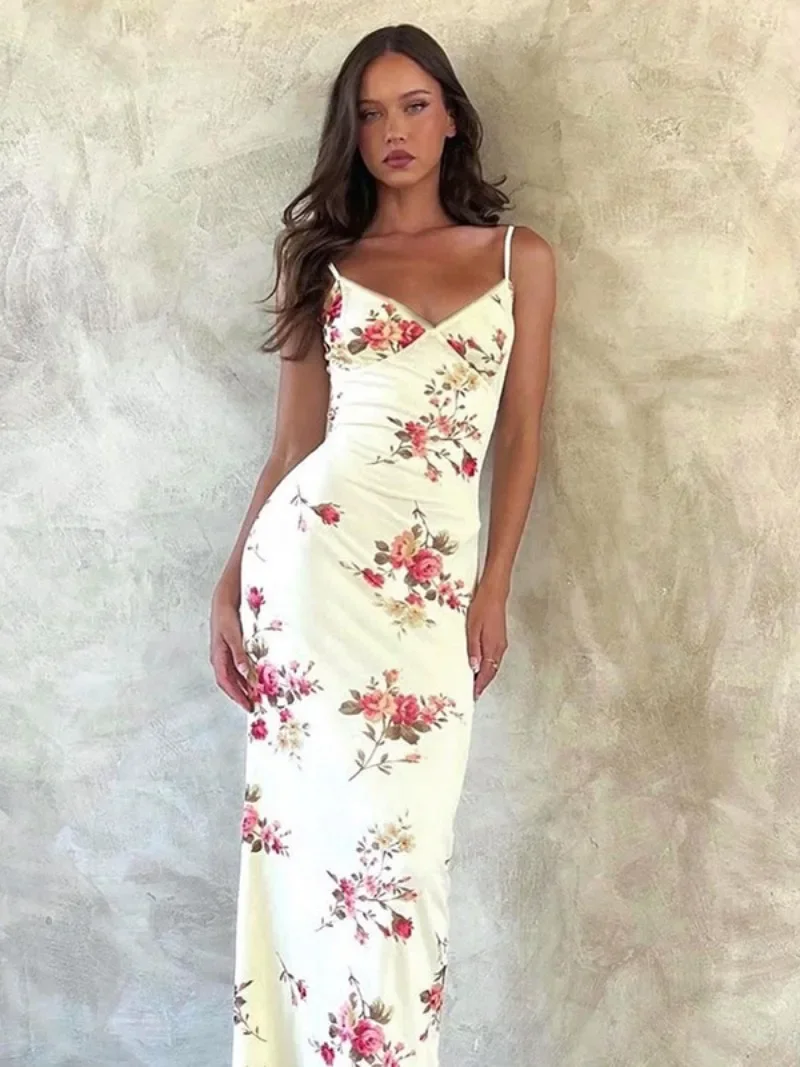 Womens Fashion Casual Sleeveless V-neck Backless Floral Print Summer Green Dress Tunics Bodycon Holiday Beach Dresses Streetwear