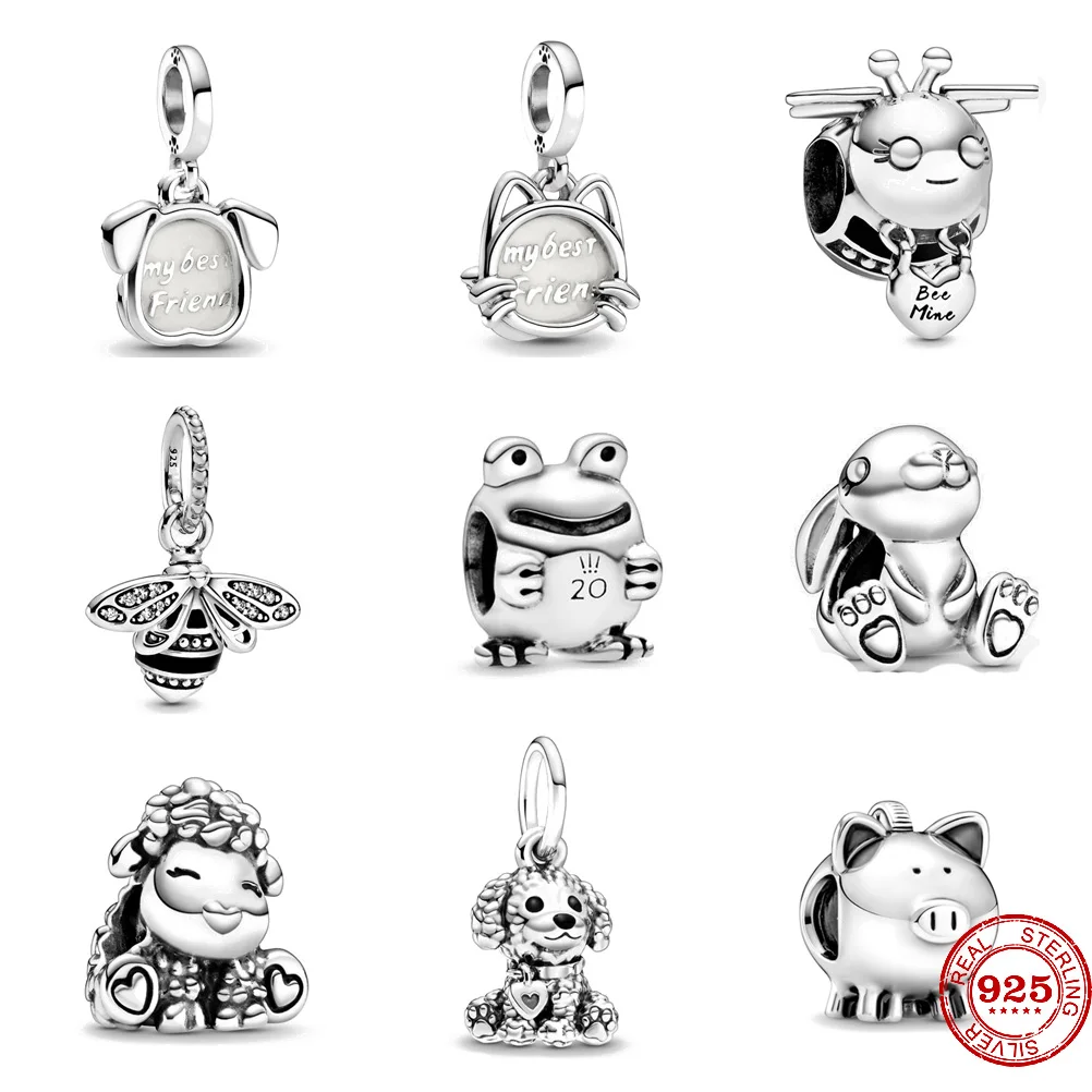 2024 New 925 Sterling Silver Cat Bee Sheep Frog Cute Animal Charm Beads Fit Original Pendant Bracelet Fine Silver Jewelry Gift