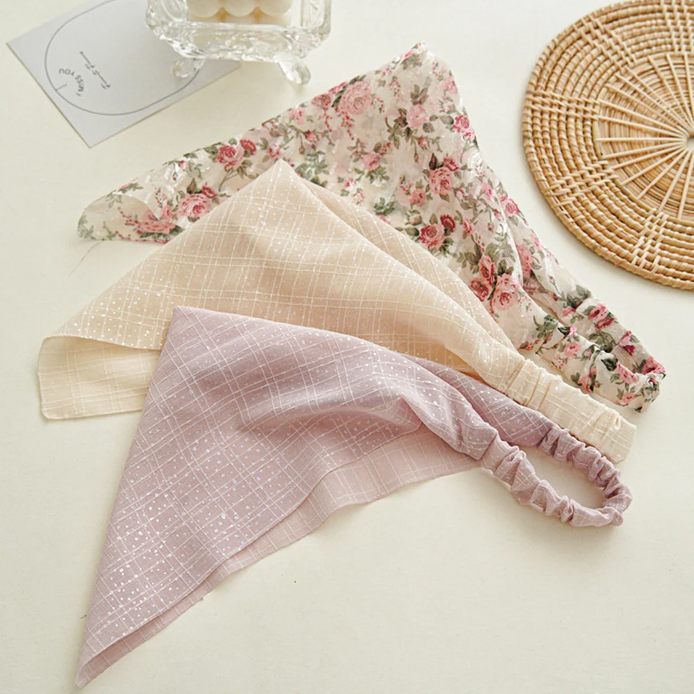 Sweet Flower Pattern Triangle Bandanas Hair Scarf Elastic Hair Band Silver Silk Cloth Floral Headscarf Hair Accessories Pastoral