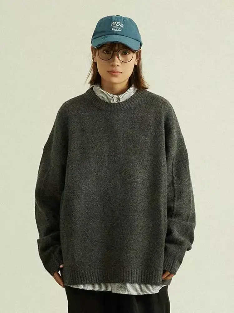 

Ретро-японский свитер свободного кроя с круглым вырезом, осенне-зимний, повседневный, комфортный пуловер, цветной свитер