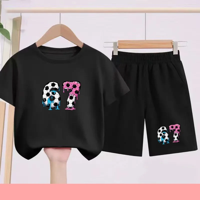 

Футболка для мальчиков и девочек, летняя, для возраста 3-12 лет, новая модель, комплект из 2 предметов: футболка с коротким рукавом + шорты, удобная, дышащая, 67, детская спортивная одежда, повседневная.