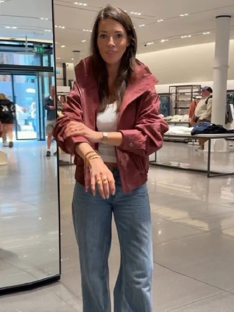 Vintage Kurze Stehkragen-Reißverschlussjacke für Damen, Langarm, Vordertaschen, Elastischer Saum, Lose Passform, Frühling/Herbst Streetwear Oberbekleidung – Detail 4