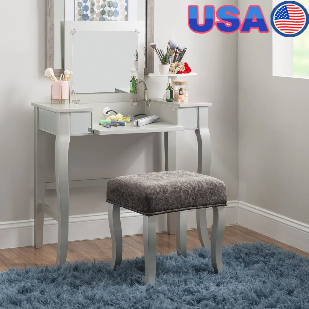 

Modern 2 Piece Flip Top Mirror Vanity Table Set with Upholstered Stool Elegant Makeup Station Home Decor