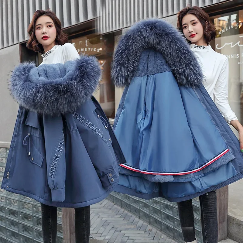 Parka de lã destacável para mulheres, parkas com capuz, jaqueta com gola de pele, neve quente, casaco longo, roupas da moda, inverno 2023