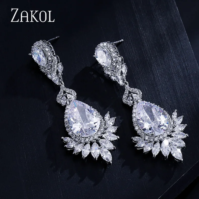 ZAKOL Vintage Chandelier Bridal Wedding Earrings for Women Luxury Water Drop Cubic Zirconia Dangle Earring Fashion Jewelry