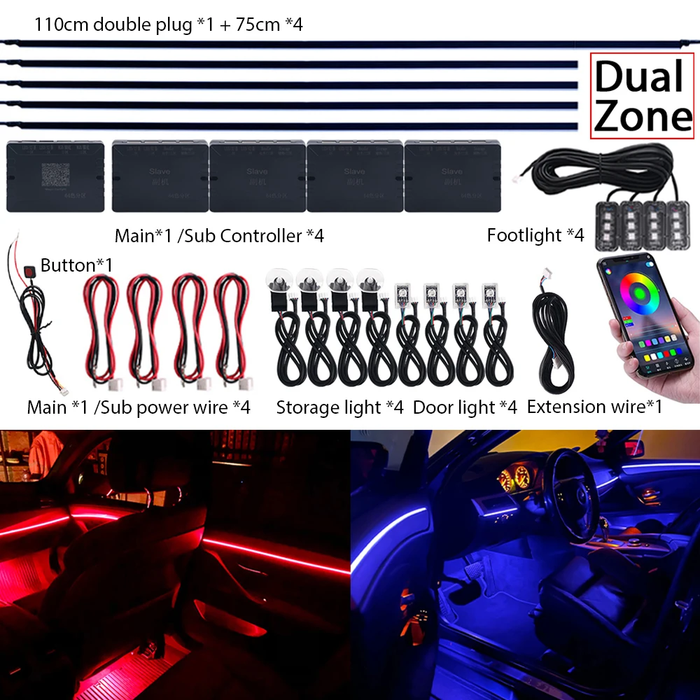 Universal 18 in 1 Dual Zone 64 Color Car Ambient Lighting Kit RGB LED Strip Light Acrylic Interior Atmosphere Lamp APP Bluetooth