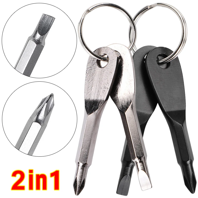 2Pcs Stainless Steel Mini EDC Multifunction Screwdrivers Key Shape Slotted Cross Screwdrivers Keychain Pocket Repair Tools