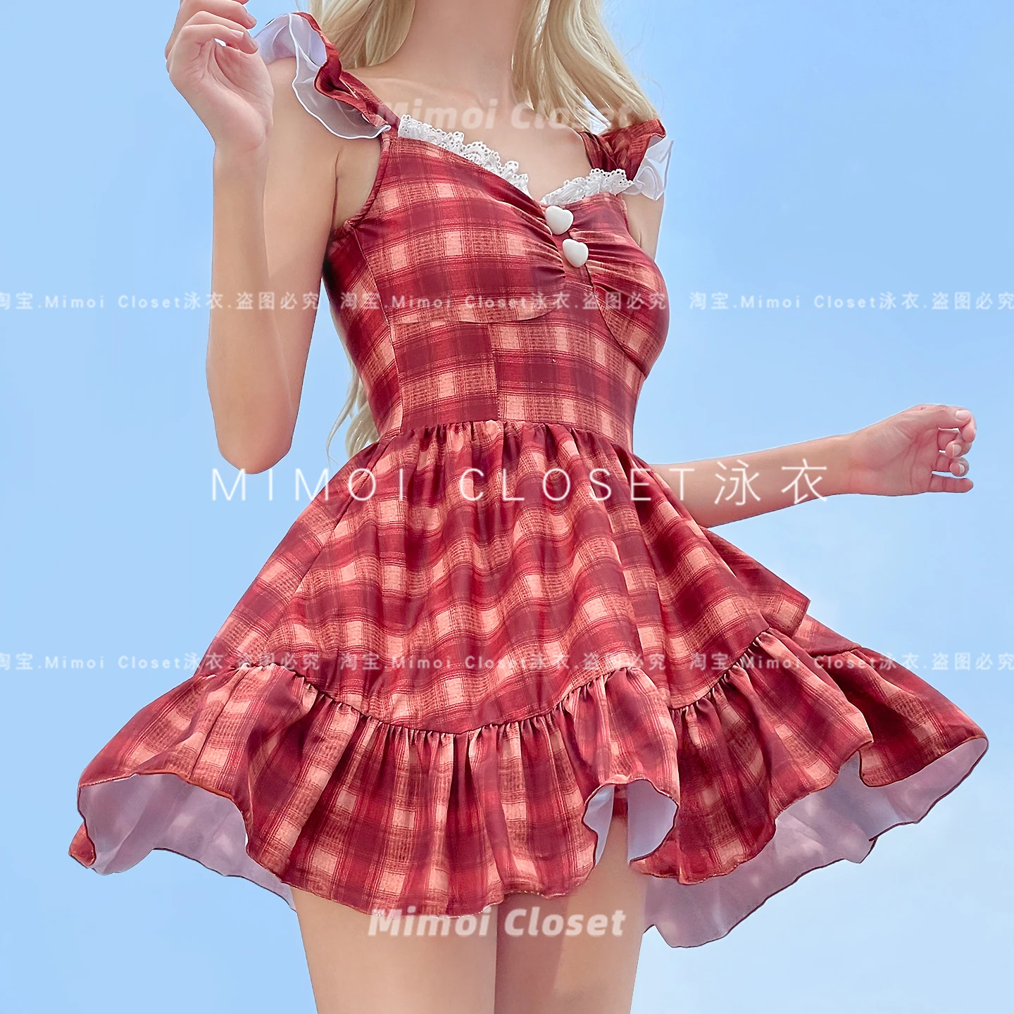 اليابانية الحلو لطيف JK فستان السباحة الدانتيل الخامس الرقبة أكمام عالية الخصر سليم منقوشة قطعة واحدة المايوه النساء الصيف ملابس السباحة