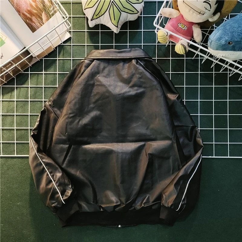 

Japanese Style PU Leather Jacket for Men Oversized Biker Jacket with Baseball Jacket Design Streetwear Edgy Look​