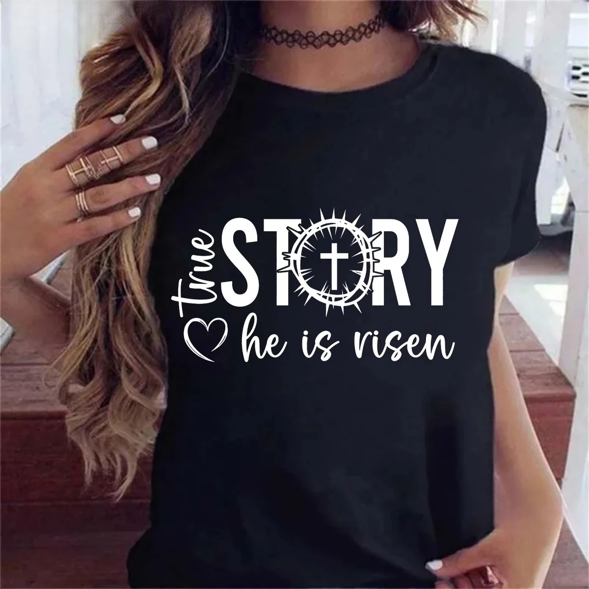 True Story He Is Risen Jesus Letter Printed T Shirt Women Summer Fashion Short Sleeve T-Shirt Femme White/Pink Casual T-Shirt