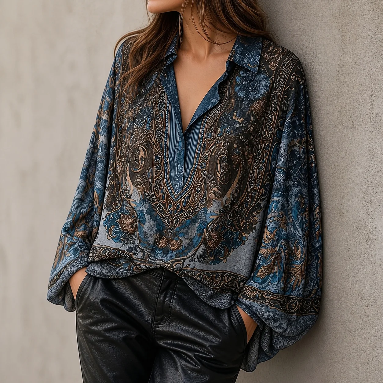 Women's And Women's V Neck Long Sleeve Pullover Floral Print Loose Fit Elegant Vintage Blouse For Women Casual Top With Blue