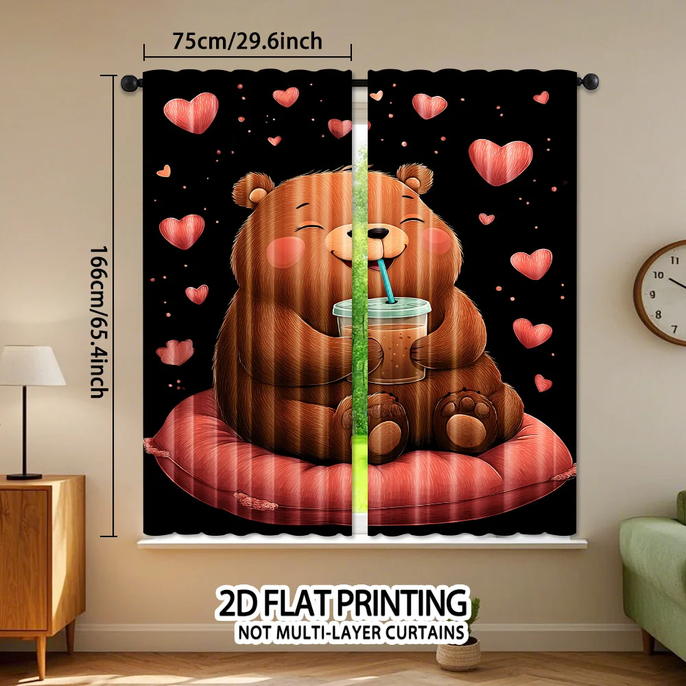 Adorable Cartoon Bear and Heart Pattern Curtains Black Background Window Decor Nursery Room Valentines Day Cute Art Prints