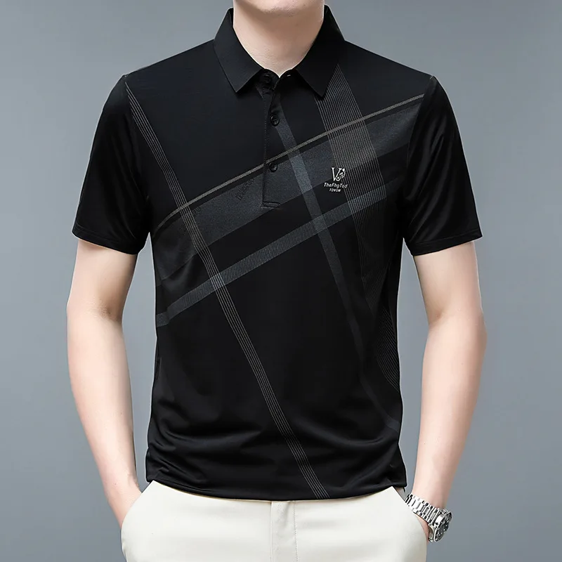 Summer New Men's Short Sleeve Polo Shirt Business Print Casual T-shirt Ice Silk Lapel Short Sleeve