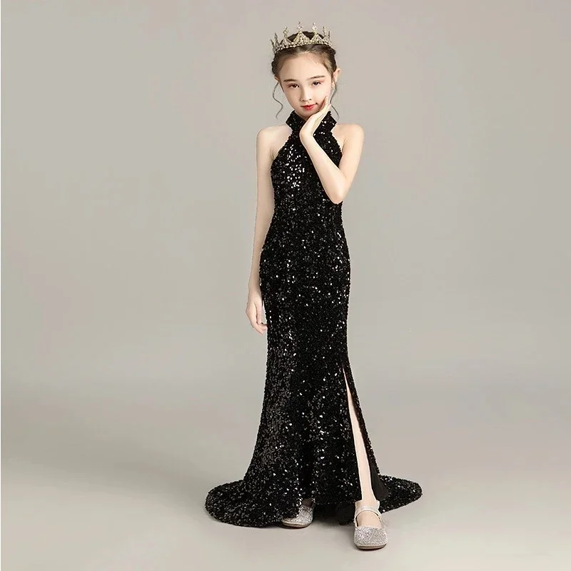 

Evening Dress for Girls Kids Elegant Gowns Teen Birthday Party Dresses Sexy Multicolor Sequins Graduation Performance Tail Dress