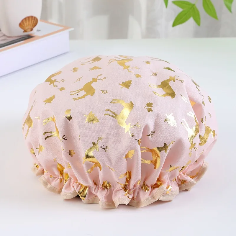 금도금 순록 패턴, 귀여운 사슴 샤워 캡이있는 2PCS 더블 레이어 방수 샤워 캡