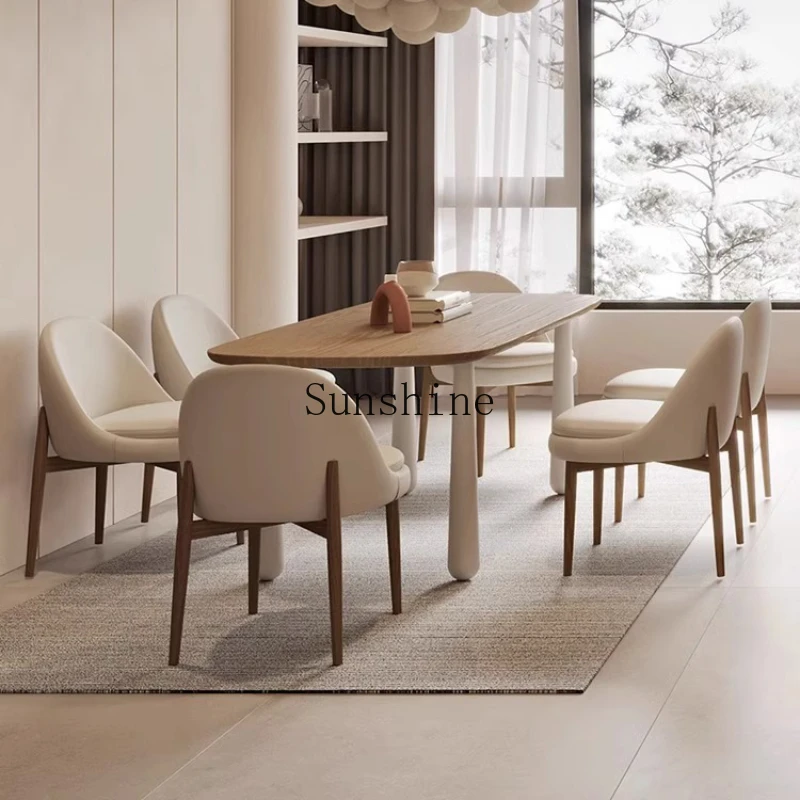 Cream wind log dining table and chairs household small apartment eating Nordic modern oval solid wood