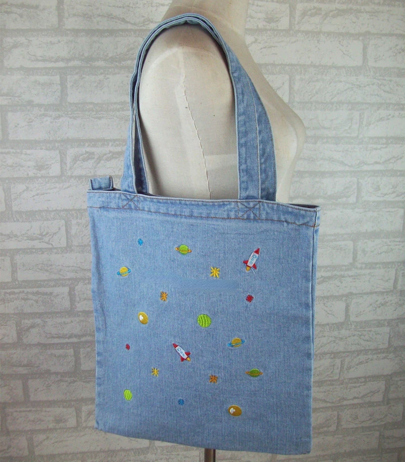 Large Capacity Shopping Bag Cartoon Embroidered Commuting Bag Denim Shoulder Bag Canvas Bag