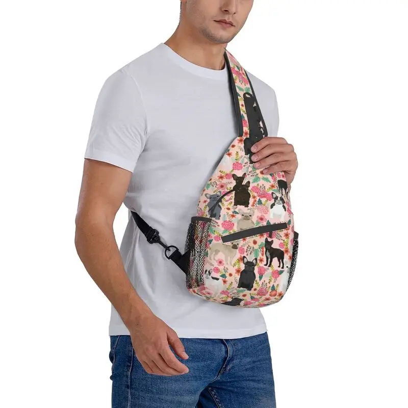 Mochila personalizada para perro Bulldog francés para hombre, bolsos de tirantes florales frescos, hombro cruzado, pecho, viaje, senderismo, Daypack